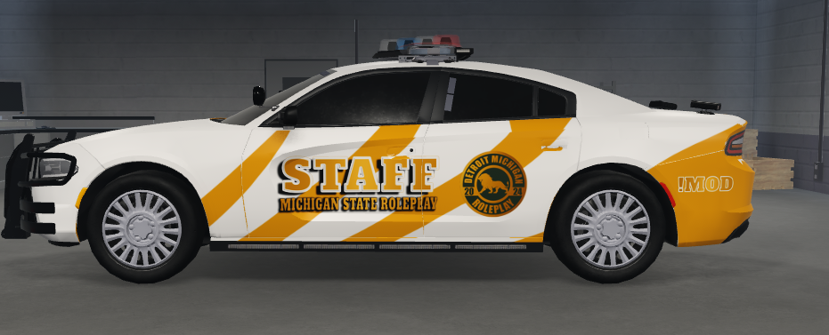 Michigan State roleplay staff vehicle with orange diagonal stripes